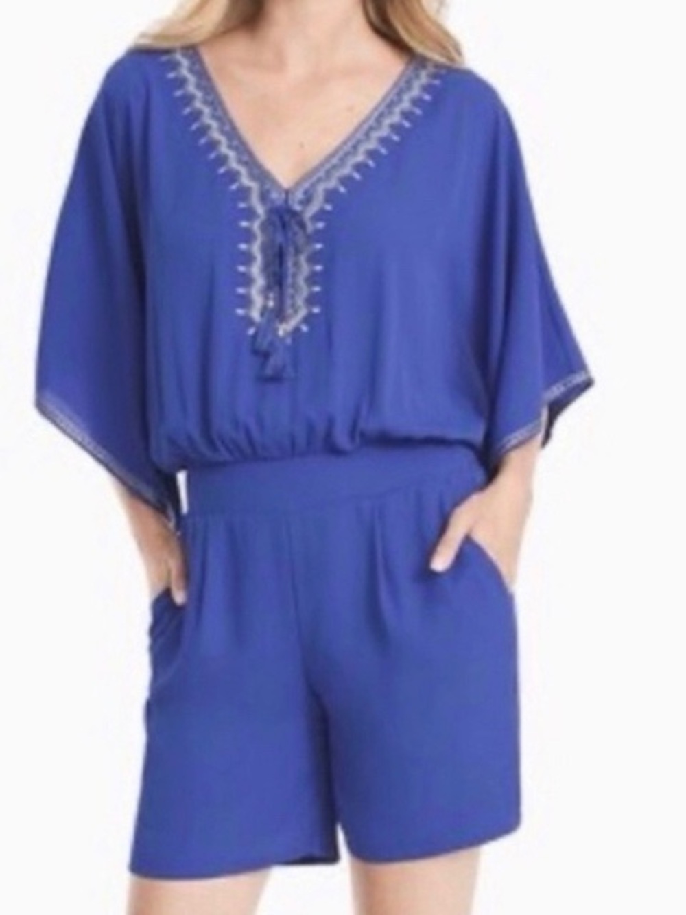 White‎ House Black Market Embroidered Kimono Sleeve Romper